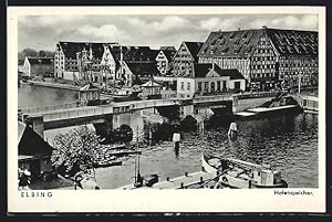 Ansichtskarte Elbing, Hafenspeicher mit Brücke