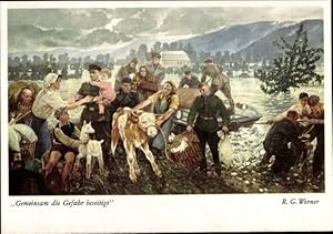 Künstler Ansichtskarte / Postkarte Werner, R.G., Gemeinsam die Gefahr beseitigt, Haus der DSF Ger...
