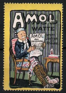 Bild des Verkufers fr Reklamemarke Amol Watte - das Hausmittel gegen Ischias und Rheuma, Mann im Stuhl sitzend zum Verkauf von Bartko-Reher