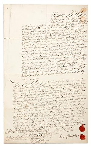 Imagen del vendedor de Manuscript financial agreement signed by Ann Christian, the mother of Fletcher Christian, and her cousin John Christian (later Christian-Curwen), being an obligation bond in the sum of 800 a la venta por Hordern House Rare Books