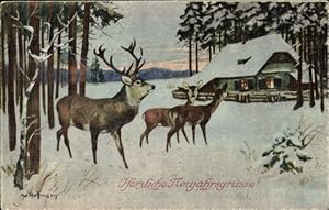 Künstler Ansichtskarte / Postkarte Hoffmann, Ad., Glückwunsch Weihnachten, Hirsch, Rehe, Haus
