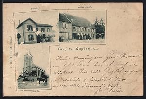 Carte postale Rohrbach, La Gare, Hotel Debès, l'Église