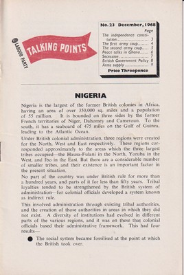 Bild des Verkufers fr Nigeria (Labour Party Talking Points. No. 23. December, 1968) zum Verkauf von Kennys Bookshop and Art Galleries Ltd.
