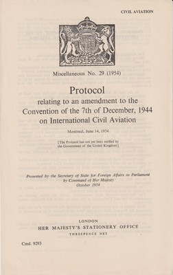 Image du vendeur pour Protocol Relating to an Amendment to the Convention of the 7th of December, 1944 on International Civil Aviation mis en vente par Kennys Bookshop and Art Galleries Ltd.