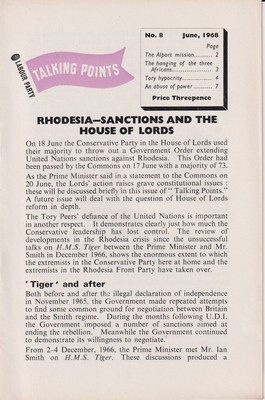 Bild des Verkufers fr Rhodesia - Sanctions and the House of Lords (Labour Party Talking Points. No. 8. June, 1968) zum Verkauf von Kennys Bookshop and Art Galleries Ltd.