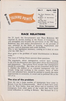 Bild des Verkufers fr Race Relations (Labour Party Taling Points. No. 3. April, 1968) zum Verkauf von Kennys Bookshop and Art Galleries Ltd.