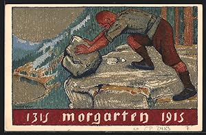 Künstler-Ansichtskarte Schweizer Bundesfeier 1915 - Morgarten 1315, Mann rollt einen Stein von de...