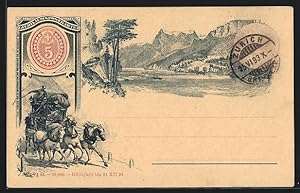 Lithographie Schweiz, Postkutsche, Idyllische Berglandschaft, Ganzsache