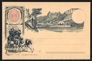Lithographie Schweizer Postkutsche, Idyllische Berglandschaft, Ganzsache