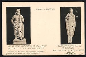 Ansichtskarte Athènes, Statuette d`Esculape d`Epidaure, Statuette du Pan de Sparte, Ganzsache