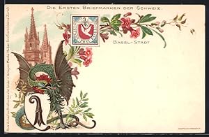 Lithographie Basel-Stadt, Kirche, Drache und Wappen, Briefmarke Private Stadtpost