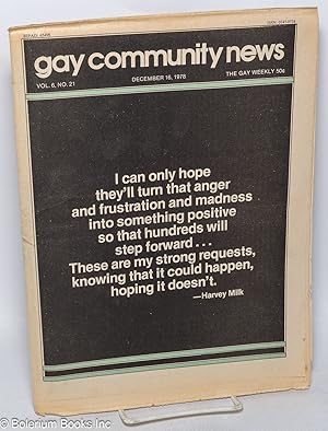 Image du vendeur pour GCN: Gay Community News; the gay weekly; vol. 6, #21, Dec. 16, 1978: Harvey Milk Assassination mis en vente par Bolerium Books Inc.