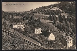Ansichtskarte Rigi-Klösterli, Hotel Sonne und Kirche an der Eisenbahnstrecke