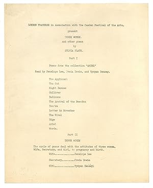 Seller image for [Braodside or flyer]: London Traverse in Association with the Camden Festival of the Arts present Three Women and other poems by Sylvia Plath. Part I: Poems from the collection "Ariel" Read by Peneope Lee, Freda Dowie, and Vyvyan Denzey. Pat II: Three Women for sale by Between the Covers-Rare Books, Inc. ABAA