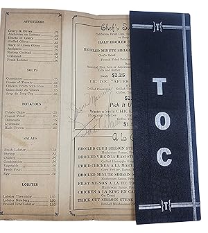 [AUTOGRAPH] MENU FROM BOSTON "TIC TOC" CLUB SIGNED BY "FATS" WALLER