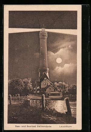 Ansichtskarte Swinemünde, Leuchtturm bei Mondschein