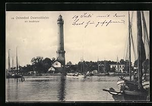 Ansichtskarte Osternothafen / Warszów, Fischerbotte im Hafen mit Leuchtturm