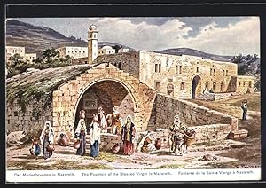 Künstler-Ansichtskarte F.Perlberg: Nazareth, der Marienbrunnen, Frauen mit Wasserkrügen