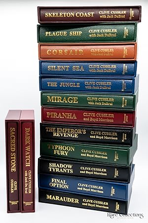 Seller image for Sacred Stone, Dark Watch, Skeleton Coast, Plague Ship, Corsair, the Silent Sea, the Jungle, Mirage, Piranha, the Emperor's Revenge, Typhoon Fury, Shadow Tyrants, Final Option & Marauder (14 Signed Numbered Copies from the Oregon Files Novels) for sale by Rare Collections