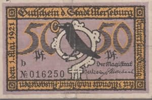 [Notgeld: Serienschein] 50 Pf. Gutschein d. Stadt Merseburg. Ausgegeben den 1. Mai 1921. Verliert...