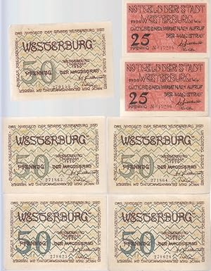 [Notgeld: 7 Serienscheine] 2*25 Pf., 5*50 Pf. Notgeld der Stadt Westerburg W.w. 25 Pf. 1920. Gült...