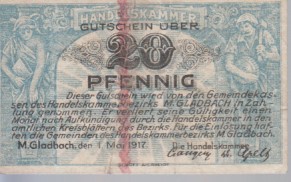 [Notgeld: Serienschein] Gutschein über 20 Pfennig. Handelskammer M. Gladbach. [Heute Mönchengladb...