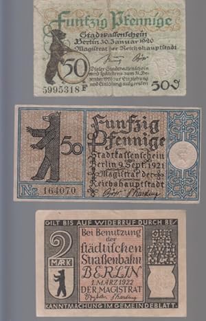 [Notgeld: 3 Serienscheine] 2*50 Pfennige Stadtkassenschein 1920 und 1921, 1*2 Mark 1922, Berlin. ...