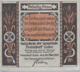 [Notgeld: Serienschein] Twintig Penn, Gutschein der Gemeinde Tonndorf-Lohe. [Heute Stadtteil von ...