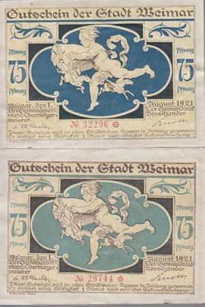 [Notgeld: 2 Serienscheine] 2*75 Pfennig, Gutschein der Stadt Weimar. Weimar, den 1. August 1921. ...