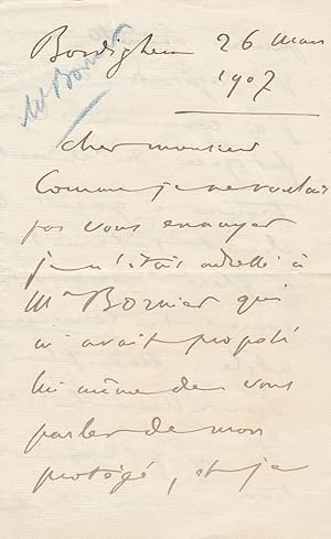 [LETTER OF RECOMMENDATION BY THE COMPOSER] ALS by Camille Saint-Saëns, dated March 26, 1907.