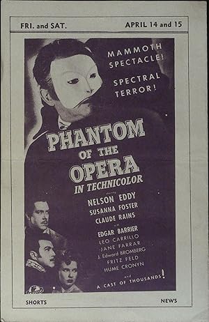 Seller image for Phantom of the Opera Local Theater Herald 1943 Claude Rains, Nelson Eddy! for sale by AcornBooksNH