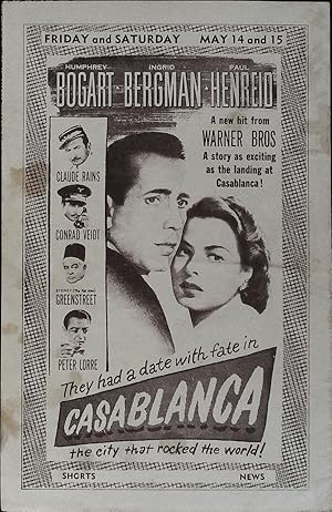 Bild des Verkufers fr Casablanca Local Theater Herald 1942 Humphrey Bogart, Ingrid Bergman! zum Verkauf von AcornBooksNH