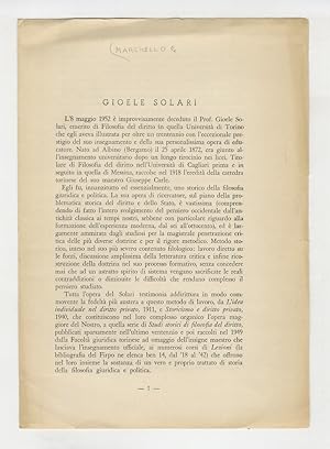 Seller image for Gioele Solari. for sale by Libreria Oreste Gozzini snc