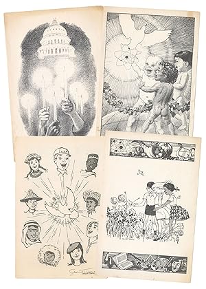 Four cards signed by Edith Segal and illustrated and signed by her husband, Samuel Kamen