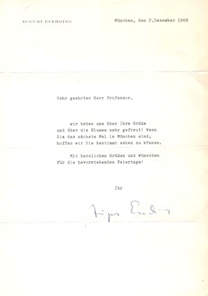 Bild des Verkufers fr Maschinenschriftlicher kurzer Dankesbrief auf seinem persnlichen Briefpapier mit handschriftlicher Unterschrift vom 2.Dezember 1968. (" .wir haben uns ber Ihre Gre gefreut.") zum Verkauf von Steeler Antiquariat