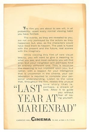 Imagen del vendedor de [Movie Program]: "Last Year at Marienbad." Carnegie Hall Cinema a la venta por Between the Covers-Rare Books, Inc. ABAA