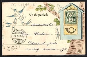 Präge-Ansichtskarte Vögel mit Brief am Postkasten