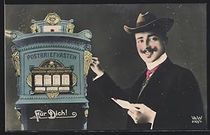 Ansichtskarte Verehrer mit Brief für seine Liebste am Postkasten