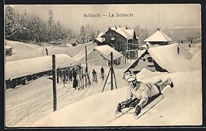 Ansichtskarte Schlucht, Schlittenfahrer auf einem Hügel im Schnee, Sport