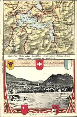 Landkarten Wappen Ansichtskarte / Postkarte Buochs Kt Nidwalden Schweiz, Stanserhorn, Totalansicht