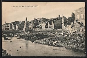 Carte postale Fresnes, maisons en ruines avec monument