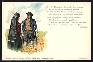 Lithographie Um die Pfingstmaie, Paar in thüringischer Tracht