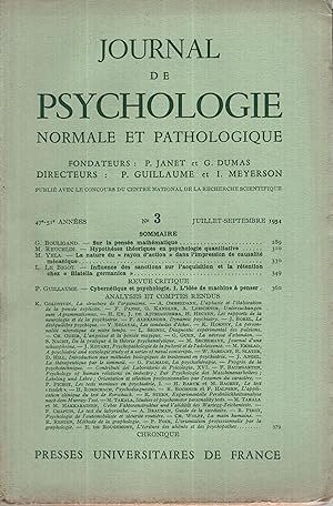 Image du vendeur pour Journal de psychologie normale et pathologique, 47e-51e annes, n3, juillet-septembre 1954 mis en vente par PRISCA