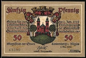 Bild des Verkufers fr Notgeld Lindenberg i. Allgu 1918, 50 Pfennig, Kirche, Soldat mit Stahlhelm, Wappen zum Verkauf von Bartko-Reher
