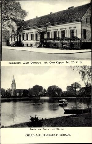 Ansichtskarte / Postkarte Berlin Tempelhof Lichtenrade, Restaurant Zum Dorfkrug, Teich, Kirche - ...
