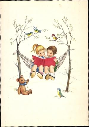 Ansichtskarte / Postkarte Kinder auf einer Hängematte, Teddy, Vögel
