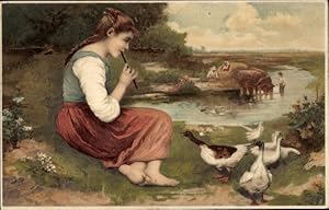 Ansichtskarte / Postkarte Ein Bauernmädchen spielt Flöte, Dorfpartie, Meissner und Buch 1457