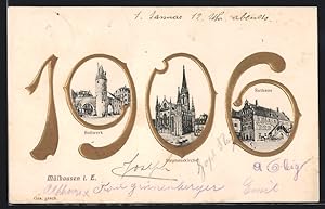 Ansichtskarte Mülhausen, Bollwerk, Stephanskirche und Rathaus in der Jahreszahl 1906