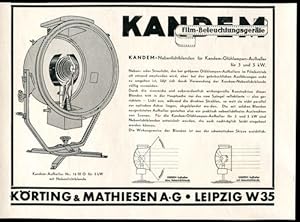 Seller image for Werbeanzeige: Krting & Mathiesen AG, Leipzig - 1938. KANDEM-Nebenlichtblenden fr Kandem-Glhlampen-Aufheller fr 3 und 5 kW. for sale by Antiquariat Ralf Rindle