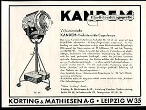 Seller image for Werbeanzeige: Krting & Mathiesen AG, Leipzig - 1938. Vollautomatische KANDEM-Hochintensitts-Bogenlampe. for sale by Antiquariat Ralf Rindle